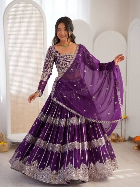 Versatile Deep Purple Tiered Lehenga with Silver Zari Embroidery   Lehenga