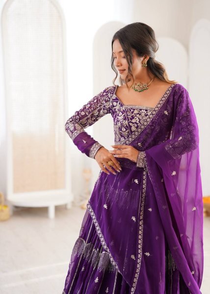 Versatile Deep Purple Tiered Lehenga with Silver Zari Embroidery  Bridal Lehenga Choli