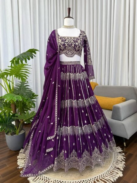 Versatile Deep Purple Tiered Lehenga with Silver Zari Embroidery  Bridal Lehenga Choli