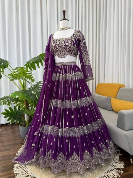 Versatile Deep Purple Tiered Lehenga with Silver Zari Embroidery  Bridal Lehenga Choli