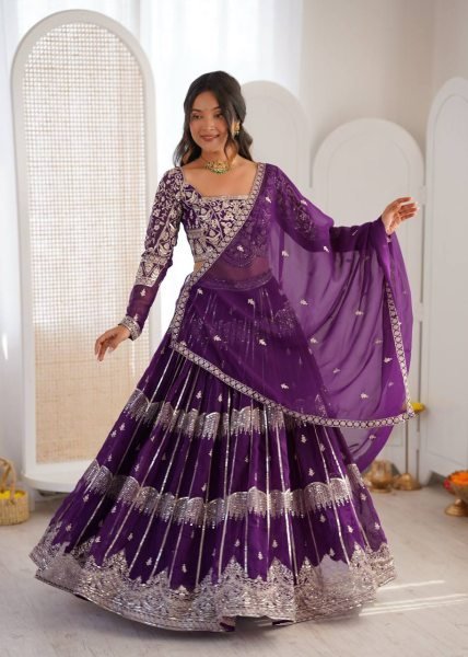 Versatile Deep Purple Tiered Lehenga with Silver Zari Embroidery  Bridal Lehenga Choli