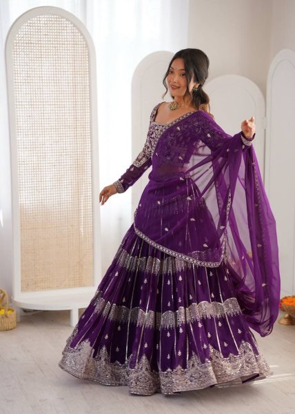 Versatile Deep Purple Tiered Lehenga with Silver Zari Embroidery  Bridal Lehenga Choli