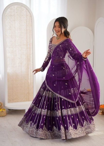 Versatile Deep Purple Tiered Lehenga with Silver Zari Embroidery  Bridal Lehenga Choli