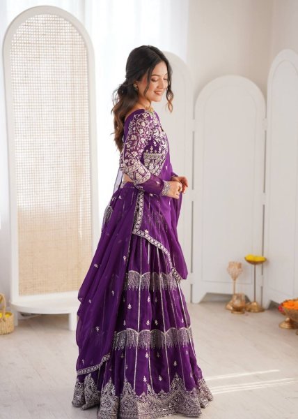 Versatile Deep Purple Tiered Lehenga with Silver Zari Embroidery  Bridal Lehenga Choli