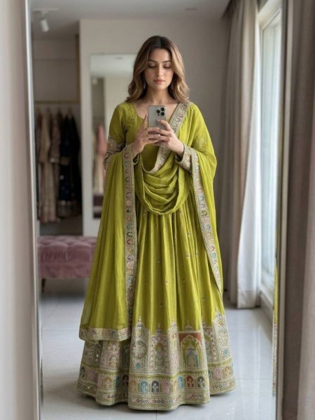 Versatile Green Chinon Silk Ethnic Gown with Sequins Work 