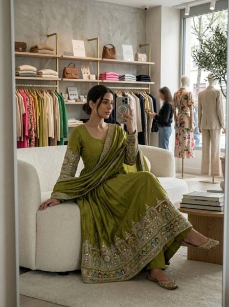 Versatile Green Chinon Silk Ethnic Gown with Sequins Work Ready To Wear Collection
