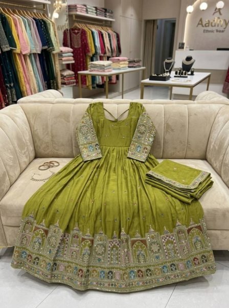 Versatile Green Chinon Silk Ethnic Gown with Sequins Work Ready To Wear Collection