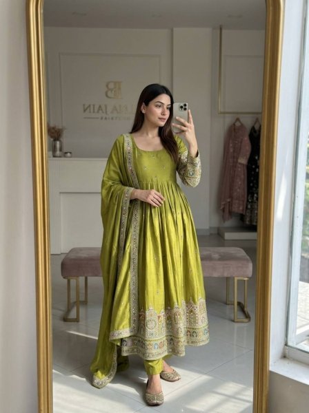 Versatile Green Chinon Silk Ethnic Gown with Sequins Work Ready To Wear Collection