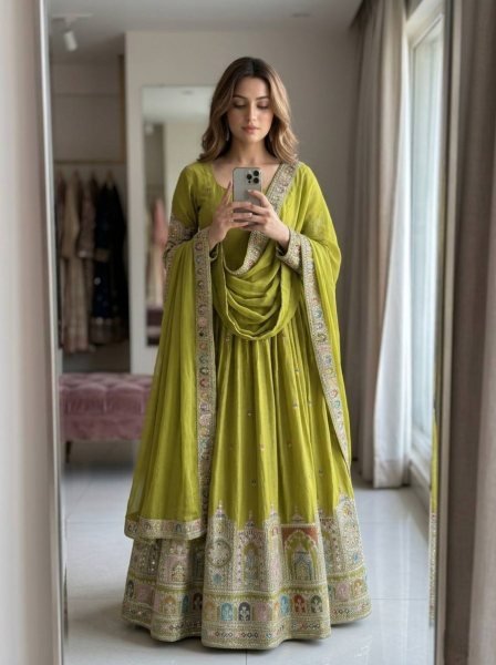 Versatile Green Chinon Silk Ethnic Gown with Sequins Work Ready To Wear Collection