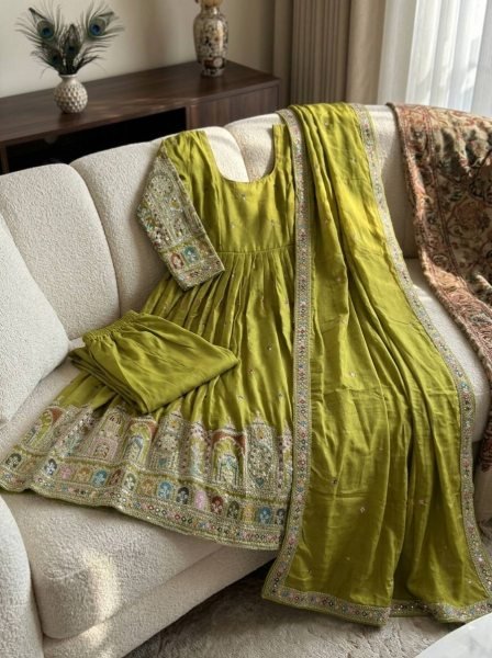 Versatile Green Chinon Silk Ethnic Gown with Sequins Work Ready To Wear Collection