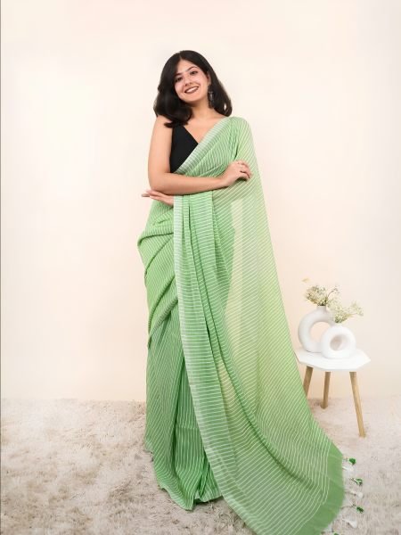 Versatile Green Linen Cotton Digital Printed Saree with Matching Blouse For Festival 