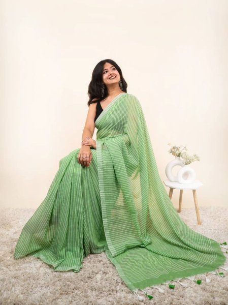 Versatile Green Linen Cotton Digital Printed Saree with Matching Blouse For Festival Printed Cotton Sarees Wholesale