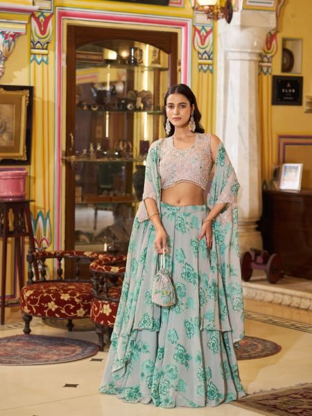 Versatile Green Women's Ethnic Georgette Lehenga with Matching Blouse   Lehenga