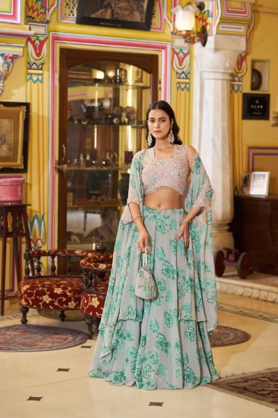 Versatile Green Women's Ethnic Georgette Lehenga with Matching Blouse  Designer Lehenga Choli