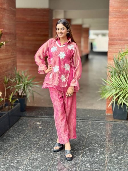Versatile Hot Pink Designer Rich Salsa Matching Top and Palazzo Set For Rakhi 