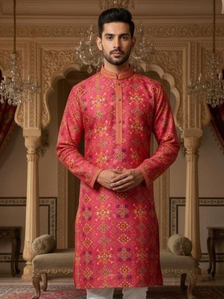 Versatile Hot Pink Stylish Mens Kurta with Printed Pintex Design for Functions 