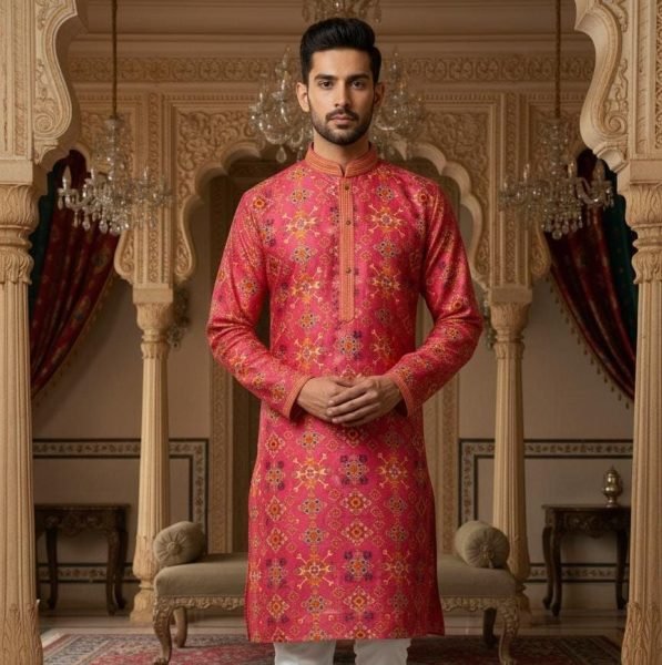 Versatile Hot Pink Stylish Mens Kurta with Printed Pintex Design for Functions Kurta Pajama Wholesale