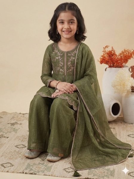 Versatile Mahendi Crunchy Silk Palazzo Set With Dupatta Using Embroidery Work Girls Wear