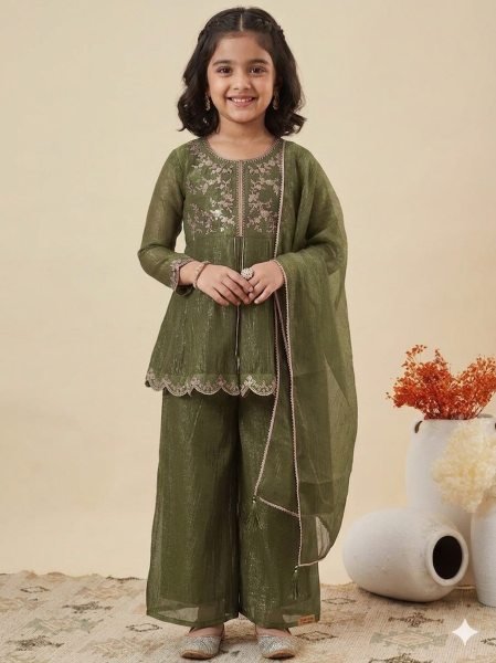 Versatile Mahendi Crunchy Silk Palazzo Set With Dupatta Using Embroidery Work Girls Wear