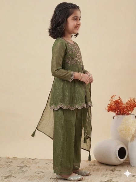Versatile Mahendi Crunchy Silk Palazzo Set With Dupatta Using Embroidery Work Girls Wear