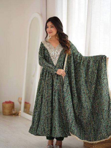 Versatile Mahendi Rayon Mirror Embroidery Gown With Pant And Golden Lace Dupatta For Reseller Opportunity Ready To Wear Suit