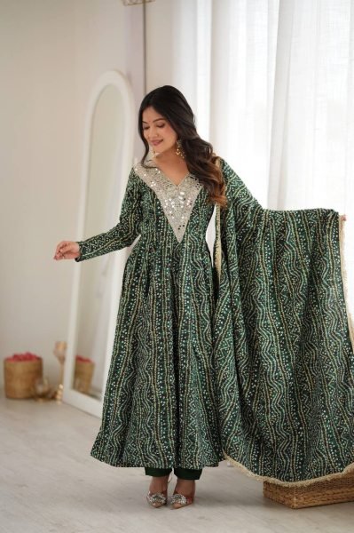 Versatile Mahendi Rayon Mirror Embroidery Gown With Pant And Golden Lace Dupatta For Reseller Opportunity Ready To Wear Collection