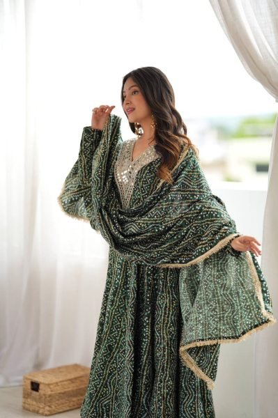 Versatile Mahendi Rayon Mirror Embroidery Gown With Pant And Golden Lace Dupatta For Reseller Opportunity Ready To Wear Collection