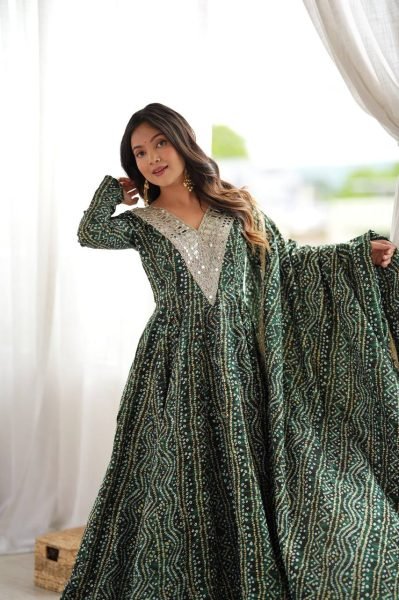 Versatile Mahendi Rayon Mirror Embroidery Gown With Pant And Golden Lace Dupatta For Reseller Opportunity Ready To Wear Collection