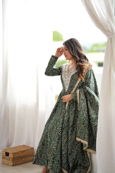 Versatile Mahendi Rayon Mirror Embroidery Gown With Pant And Golden Lace Dupatta For Reseller Opportunity Ready To Wear Collection