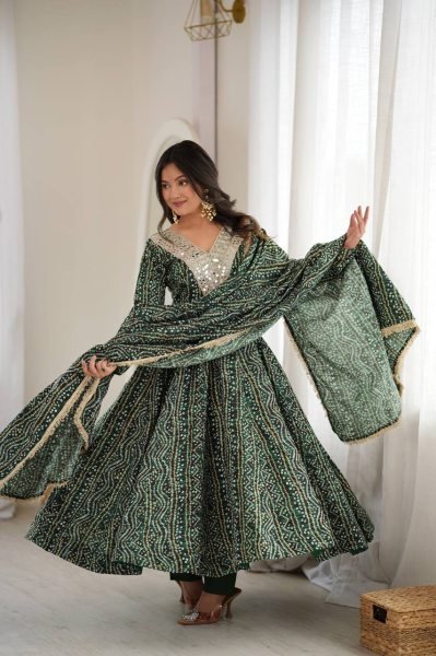 Versatile Mahendi Rayon Mirror Embroidery Gown With Pant And Golden Lace Dupatta For Reseller Opportunity Ready To Wear Collection