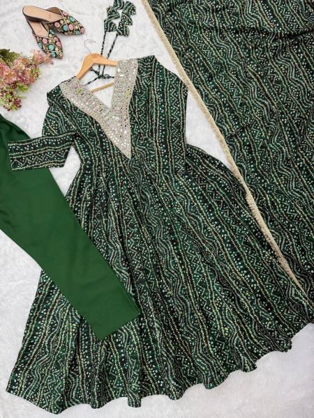 Versatile Mahendi Rayon Mirror Embroidery Gown With Pant And Golden Lace Dupatta For Reseller Opportunity Ready To Wear Collection