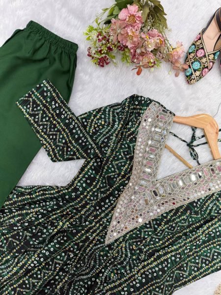 Versatile Mahendi Rayon Mirror Embroidery Gown With Pant And Golden Lace Dupatta For Reseller Opportunity Ready To Wear Collection