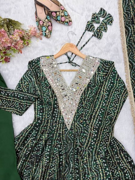 Versatile Mahendi Rayon Mirror Embroidery Gown With Pant And Golden Lace Dupatta For Reseller Opportunity Ready To Wear Collection
