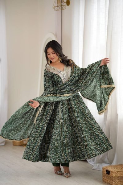 Versatile Mahendi Rayon Mirror Embroidery Gown With Pant And Golden Lace Dupatta For Reseller Opportunity Ready To Wear Collection