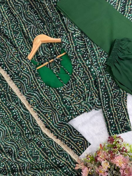Versatile Mahendi Rayon Mirror Embroidery Gown With Pant And Golden Lace Dupatta For Reseller Opportunity Ready To Wear Collection