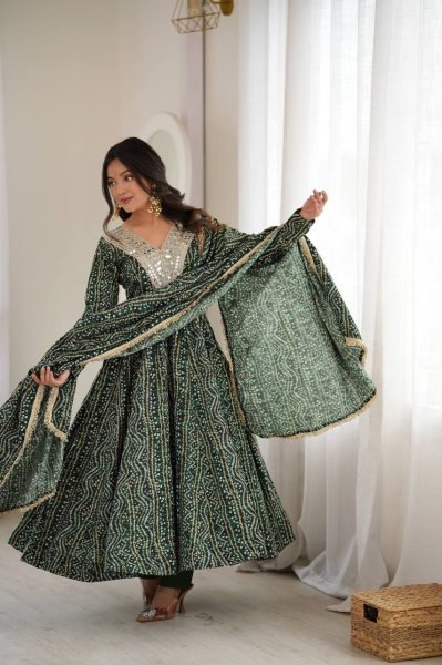 Versatile Mahendi Rayon Mirror Embroidery Gown With Pant And Golden Lace Dupatta For Reseller Opportunity Ready To Wear Collection