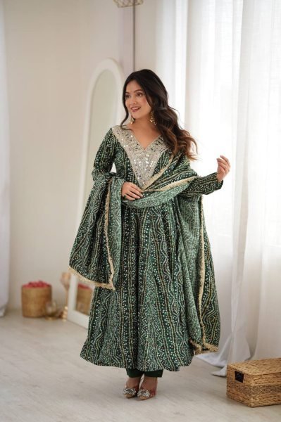 Versatile Mahendi Rayon Mirror Embroidery Gown With Pant And Golden Lace Dupatta For Reseller Opportunity Ready To Wear Collection