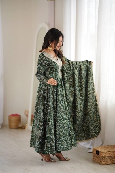 Versatile Mahendi Rayon Mirror Embroidery Gown With Pant And Golden Lace Dupatta For Reseller Opportunity Ready To Wear Collection
