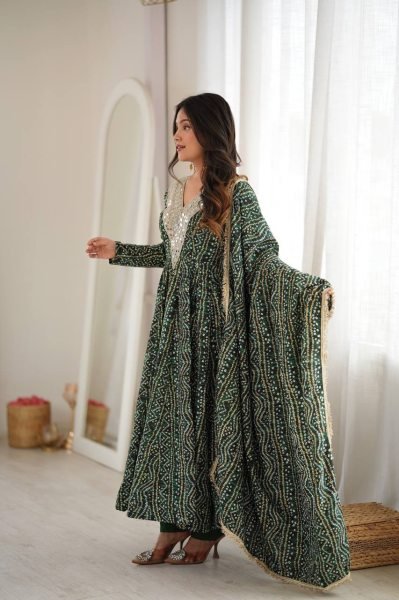 Versatile Mahendi Rayon Mirror Embroidery Gown With Pant And Golden Lace Dupatta For Reseller Opportunity Ready To Wear Collection