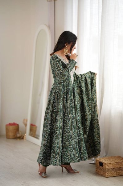 Versatile Mahendi Rayon Mirror Embroidery Gown With Pant And Golden Lace Dupatta For Reseller Opportunity Ready To Wear Collection