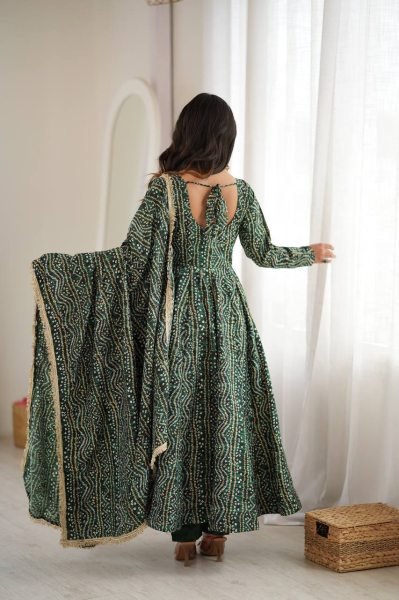 Versatile Mahendi Rayon Mirror Embroidery Gown With Pant And Golden Lace Dupatta For Reseller Opportunity Ready To Wear Collection