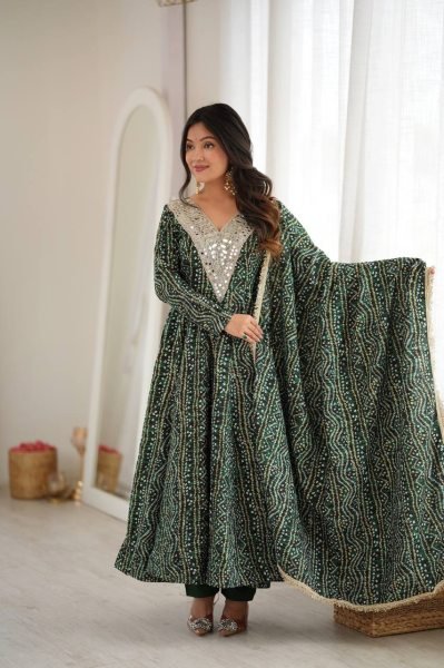 Versatile Mahendi Rayon Mirror Embroidery Gown With Pant And Golden Lace Dupatta For Reseller Opportunity Ready To Wear Collection