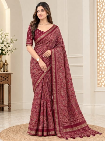 Versatile Maroon Designer Ajrakh Mul Cotton Saree with Mirror Embroidery 