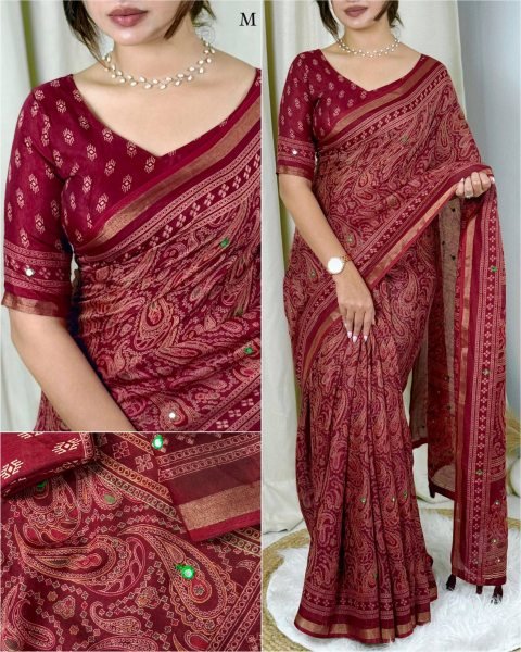 Versatile Maroon Designer Ajrakh Mul Cotton Saree with Mirror Embroidery Printed Cotton Sarees Wholesale