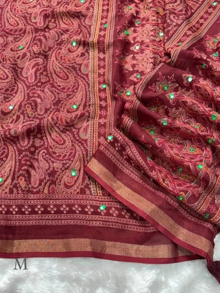 Versatile Maroon Designer Ajrakh Mul Cotton Saree with Mirror Embroidery Printed Cotton Sarees Wholesale