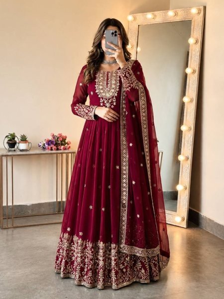 Versatile Maroon Georgette Gown with Dupatta Set Using Embroidered Work For Wedding Wear