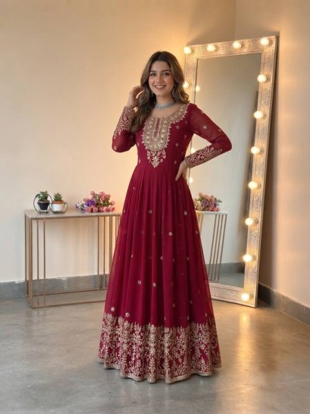Versatile Maroon Georgette Gown with Dupatta Set Using Embroidered Work For Wedding Wear Ready To Wear Collection