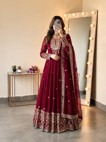 Versatile Maroon Georgette Gown with Dupatta Set Using Embroidered Work For Wedding Wear Ready To Wear Collection