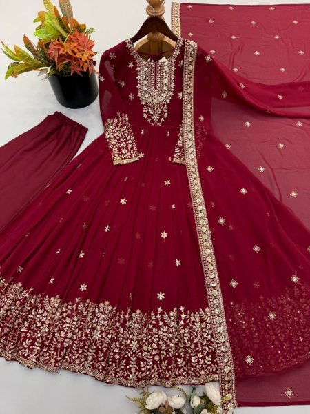 Versatile Maroon Georgette Gown with Dupatta Set Using Embroidered Work For Wedding Wear Ready To Wear Collection