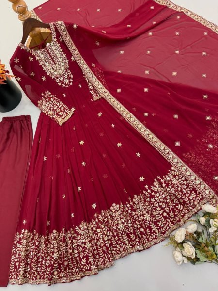 Versatile Maroon Georgette Gown with Dupatta Set Using Embroidered Work For Wedding Wear Ready To Wear Collection